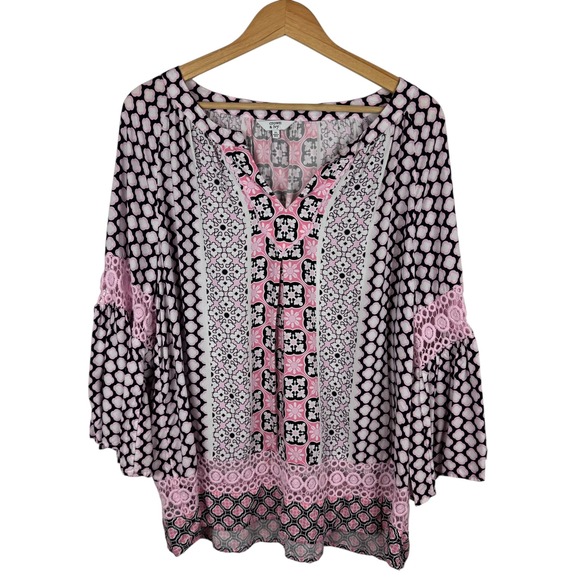 Crown & Ivy Womens Boho Blouse Sz XL Pink Bell Sleeve Boho Preppy Colorful Flowy - Picture 1 of 9